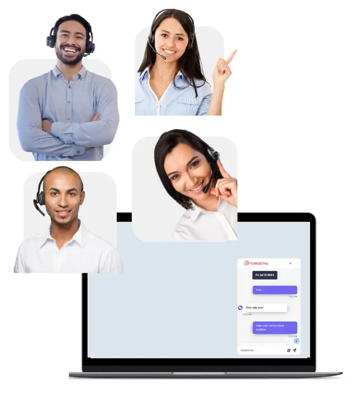 Four customer support agents with headsets offering assistance via online chat