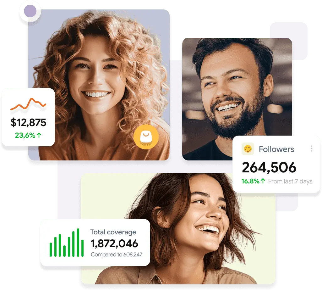 Three smiling individuals with graphs showing follower growth, revenue, and total coverage on social media